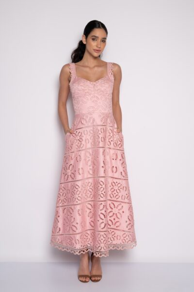 Vestido midi bordado com alça rosa - Jacy