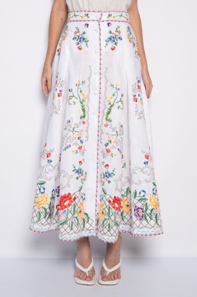 Saia longa em linho com bordado floral exclusiva branca - Maria