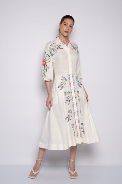 Vestido chemise bordado mini florais  off white - Perla