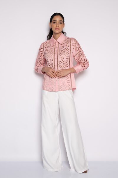 Camisa bordada com mangas 3/4 rosa - Raíssa