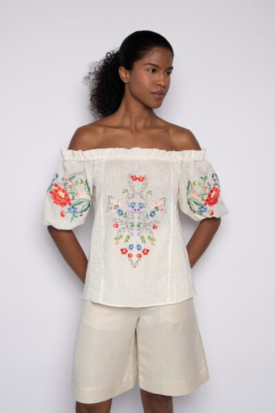 Bata ombro a ombro com bordados florais off white - Rany