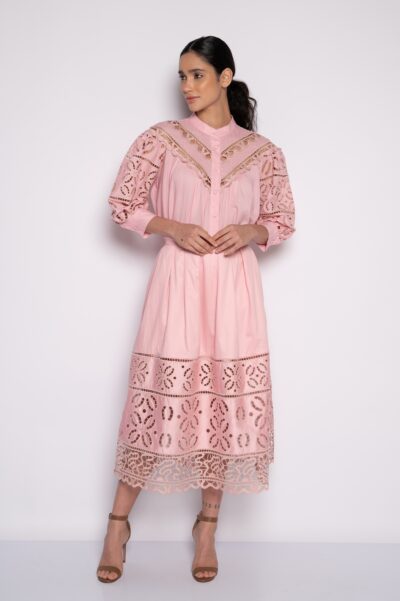 Saia midi bordada com pregas rosa - Zoe