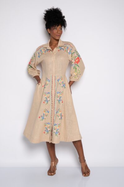 Vestido chemise bordado mini florais  amêndoa - Perla