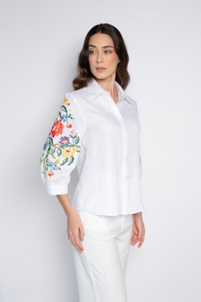 Camisa Bordada 100% Linho Manga 3/4 Branca - Rayra