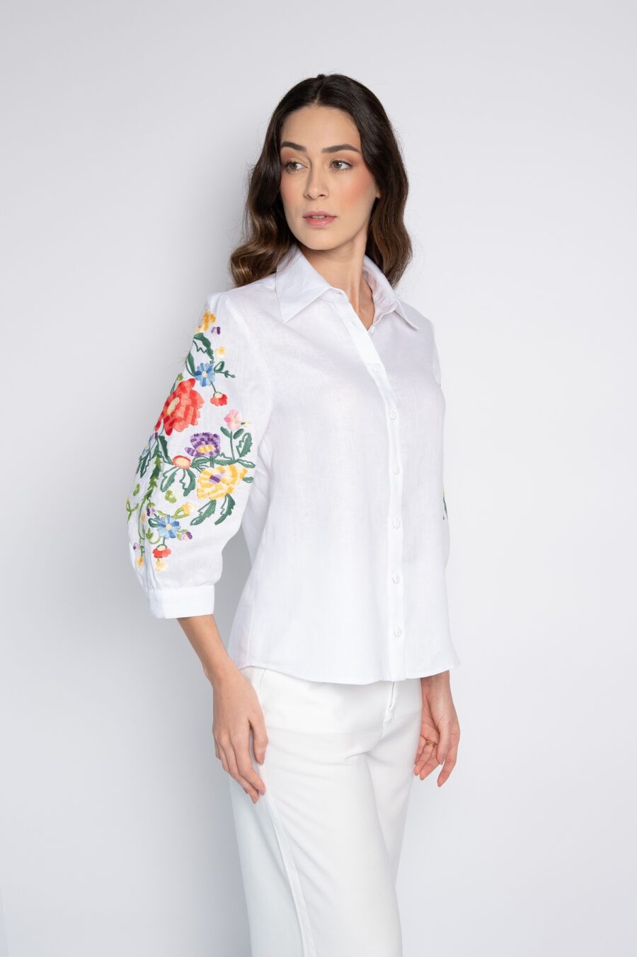 Camisa Bordada 100% Linho Manga 3/4 Branca - Rayra