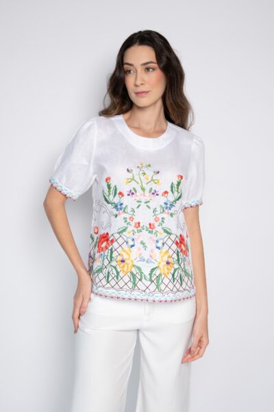 Blusa manga curta bordado mini florais branco - Samara