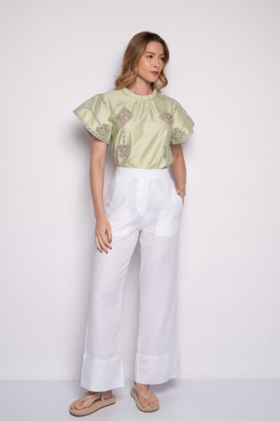Calça Pantalona com Bolsos Laterais Branco - Mireta