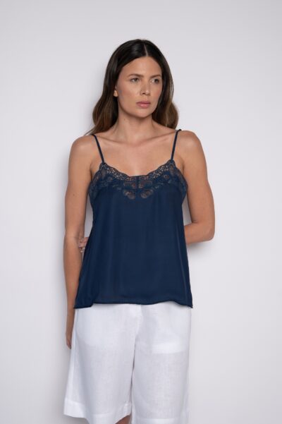 Blusa de Alças Finas com Bordado Delicado azul Marinho - Nivia