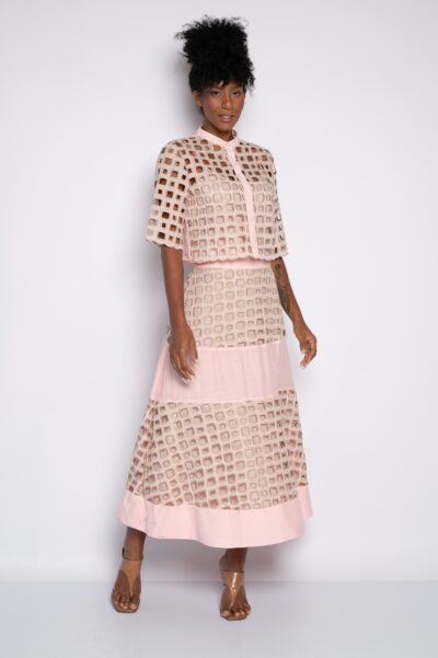Saia midi godê bordada com zíper rosa doce- Carlota