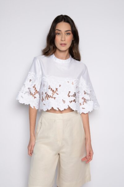 Blusa Cropped Bordada Branca - Carla