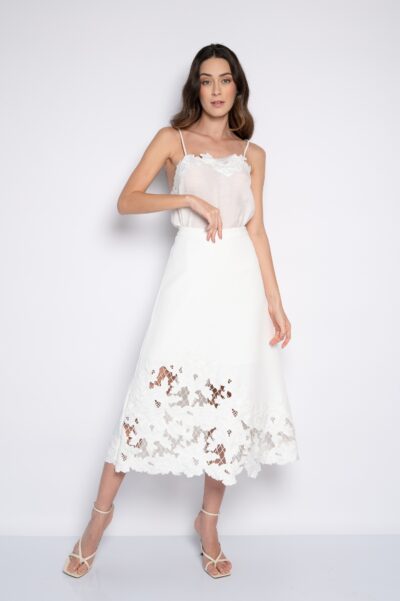 Saia Midi Com Barra Bordada Off White - Sarita