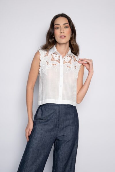 Camisa cropped bordada com nervura off white - Claudia