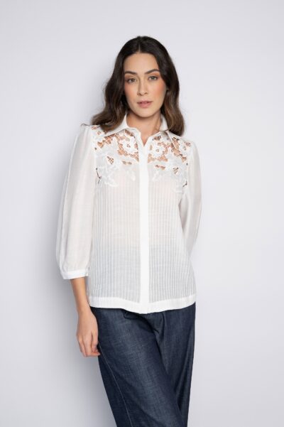 Camisa de manga 3/4 bordada off white - Clarisse