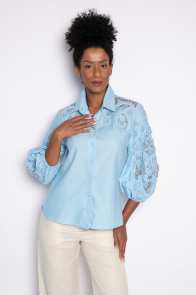 Camisa bordada em 3d azul - Cleide
