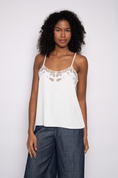 Blusa de Alças Finas com Bordado Delicado Off White - Nivia