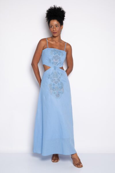 Vestido Longo com Bordado 3d Azul - Kátia