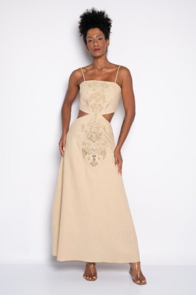 Vestido Longo com Bordado 3d Bege - Kátia