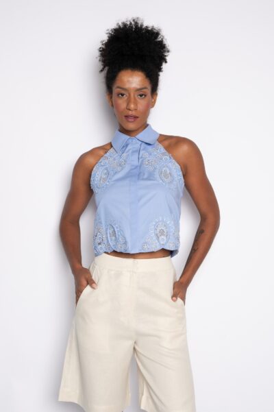 Camisa Cropped com bordado 3d azul - Cris