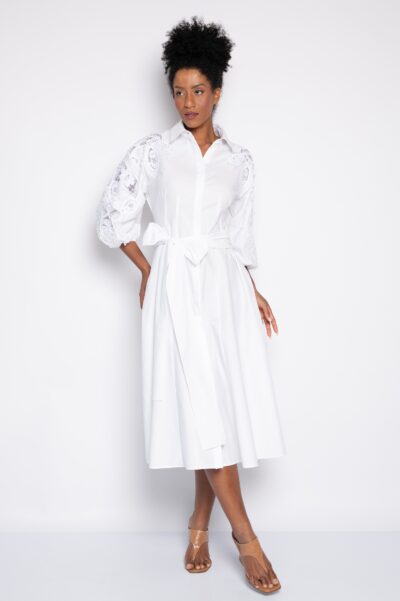Vestido Midi Bordado com Manga Bufante branco - Sara