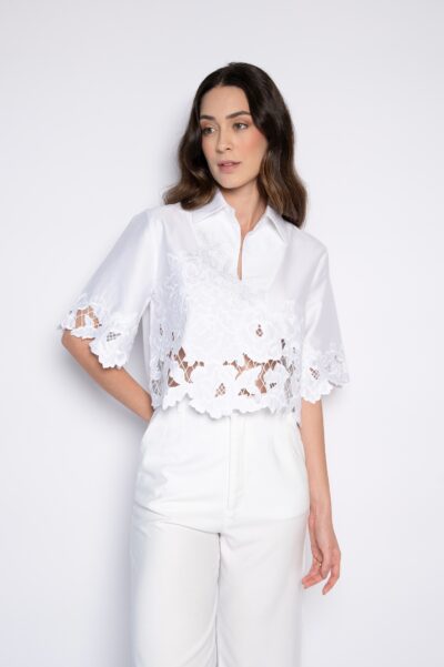 Blusa Cropped Bordada Com Gola Branca - Aline