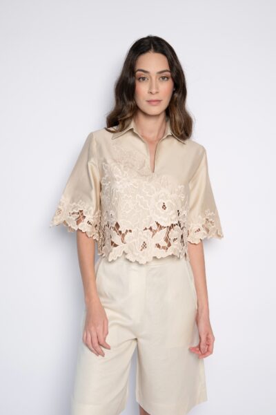 Blusa Cropped Bordada Com Gola Bege - Aline