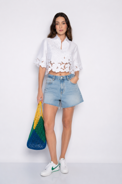 Blusa Cropped Bordada Com Gola Branca - Aline