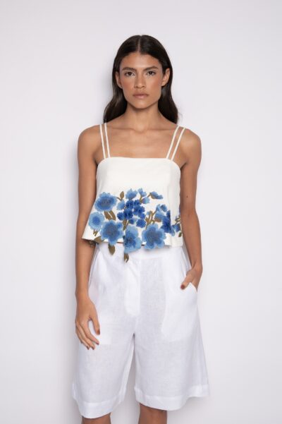 Blusa cropped bordada com alça dupla off white/azul - Mel