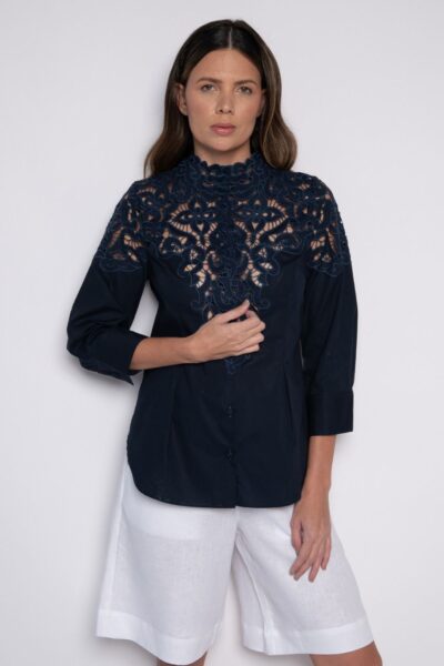 Camisa Bordada  Mangas 3/4 Azul Marinho - Ane