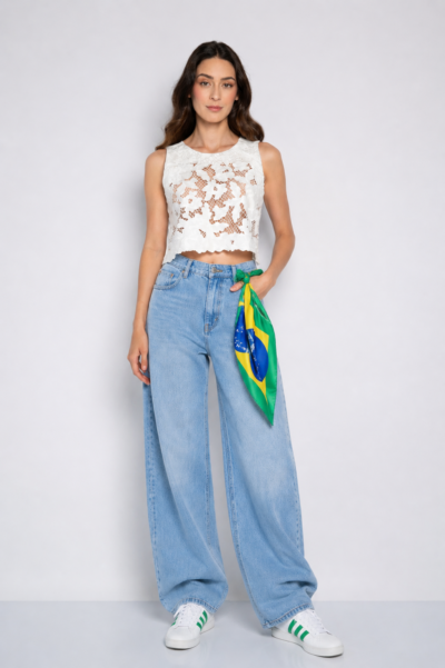 Blusa cropped bordada cavada off white - Nanda
