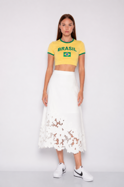 Saia Midi Com Barra Bordada Off White - Sarita