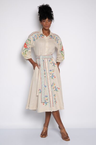Vestido chemise bordado mini florais  caqui - Perla