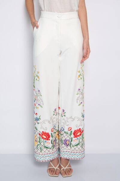 Calça Pantalona Bordada Mini Florais Off White - Lurdes