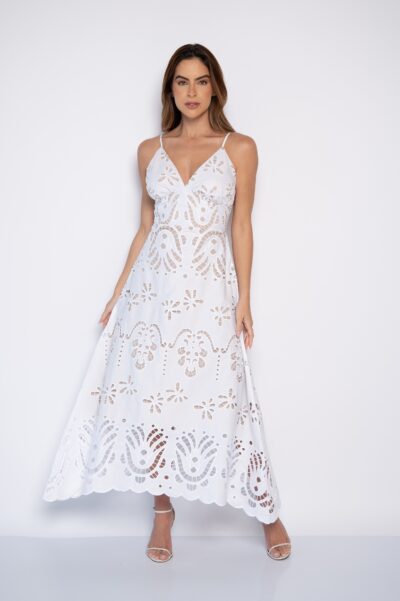 Vestido Midi Bordado Com decote V branco - Diva