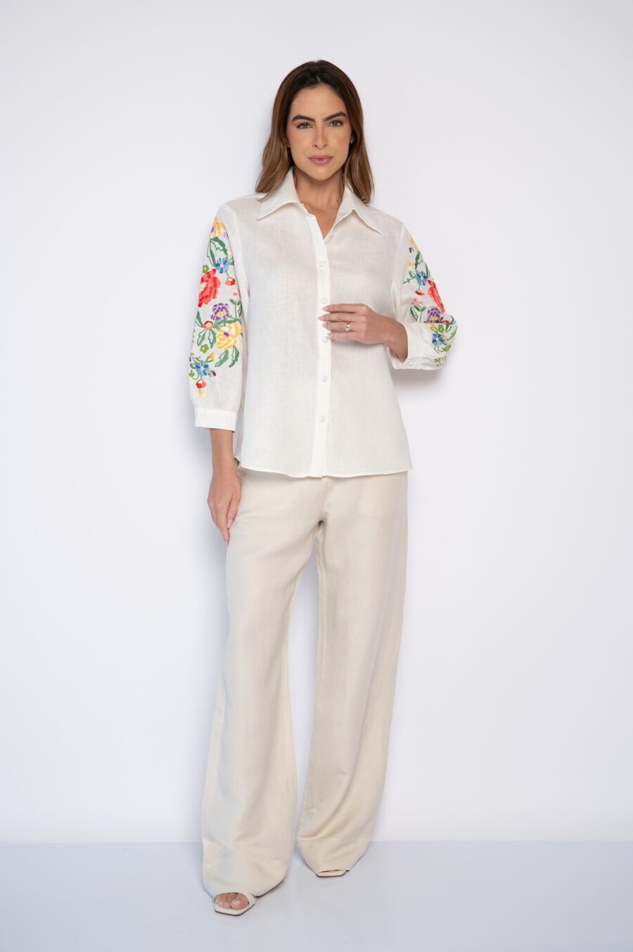 Camisa Bordada 100% Linho Manga 3/4 Off White - Rayra - Imagem 2