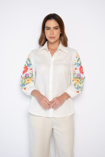 Camisa Bordada 100% Linho Manga 3/4 Off White - Rayra