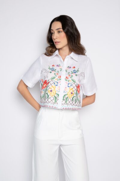 Camisa Cropped Bordada Mini Florais 100% linho Branca - Bianca