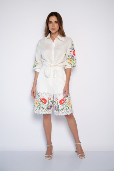 Camisa Bordada 100% Linho Manga 3/4 Off White - Rayra