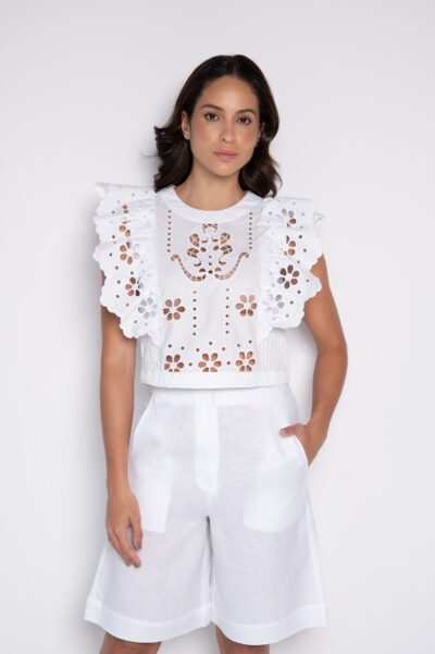 Blusa Cropped Bordada Branca - Olivia