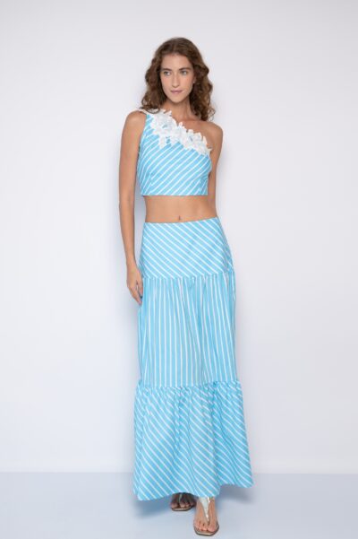 Top de Listras Bordado Um Ombro Só Azul/Branco - Elizabeth