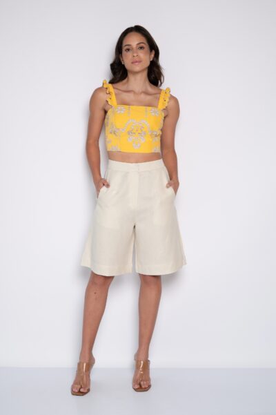 Cropped Bordado com Alça Decote Quadrado Amarelo - Daiane
