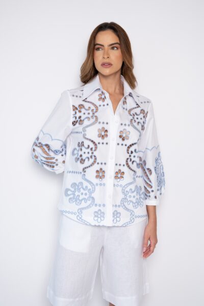 Camisa Bordada Manga 3/4 Branca/Azul - Fabiola