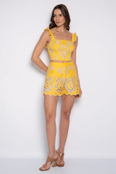 Cropped Bordado com Alça Decote Quadrado Amarelo - Daiane