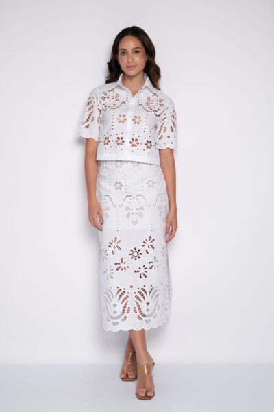 Camisa Cropped Bordada Manga Curta Branca - Kaline