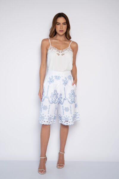 Bermuda Bordada Feminina Branca/Azul - Margô