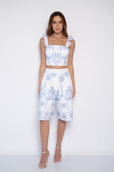 Cropped Bordado com Alça Decote Quadrado Branco/Azul - Daiane