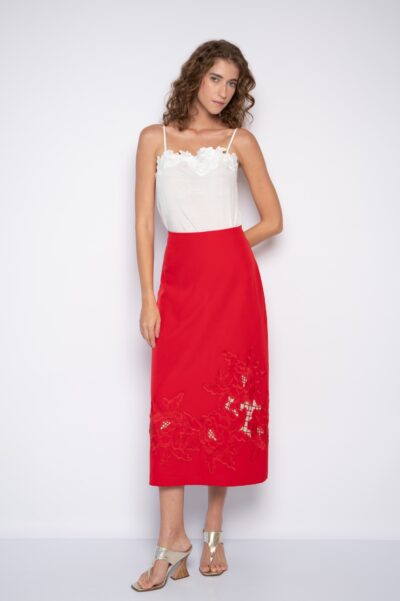 Saia Midi Bordada Vermelha - Monique