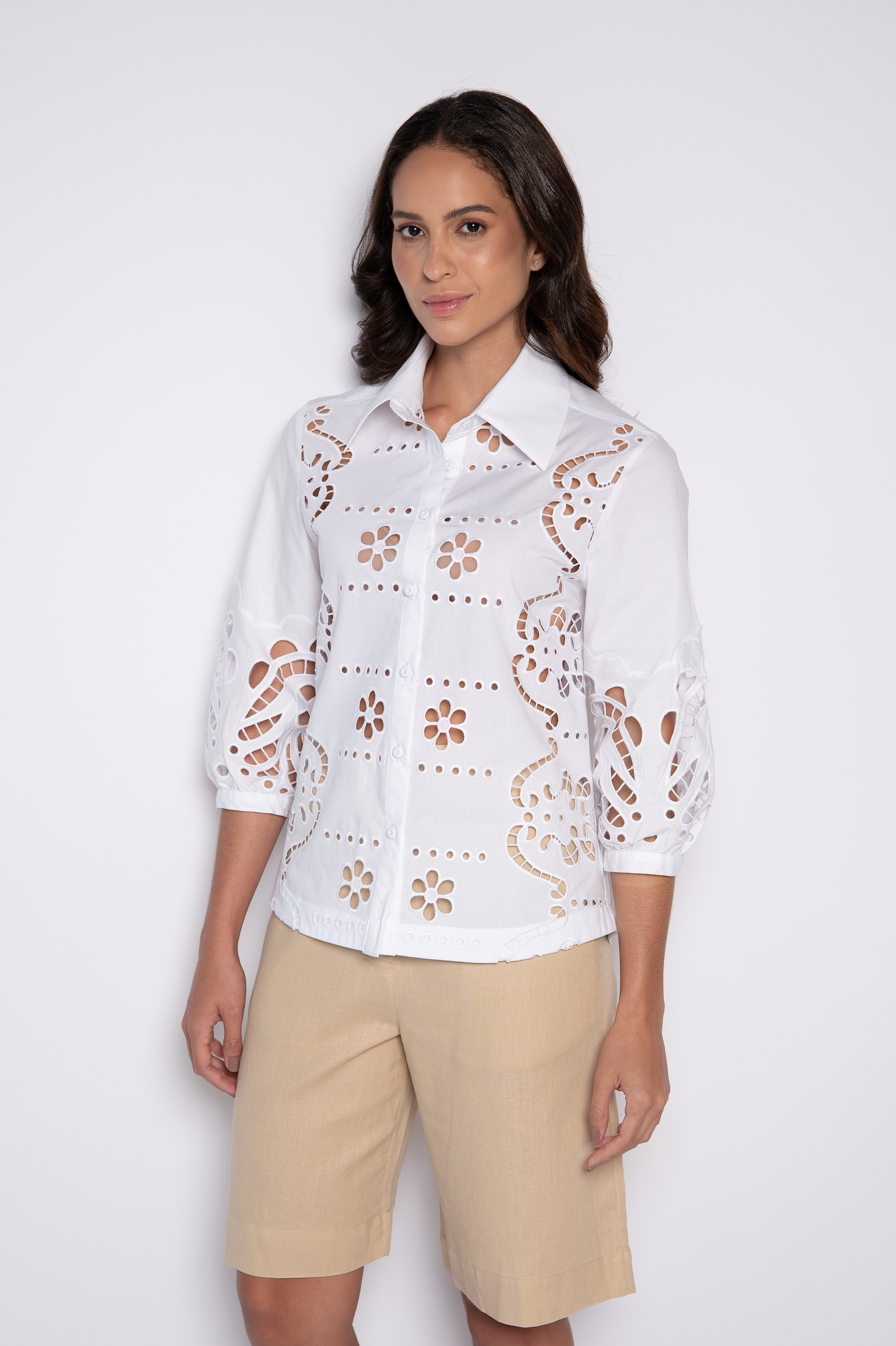 Camisa Bordada Manga 3/4 Branca - Fabiola