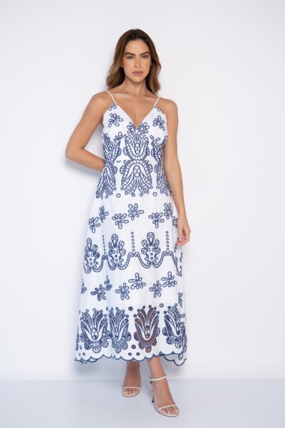 Vestido Midi Bordado Com decote V branco/Azul - Diva