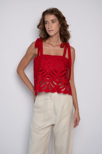 Blusa Cropped Bordada com Decote Quadrado Vermelha - Vivi