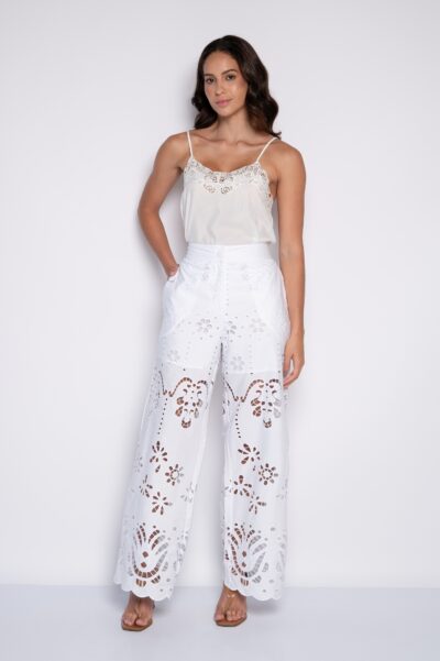 Calça Pantalona Bordada Branca - Lorena